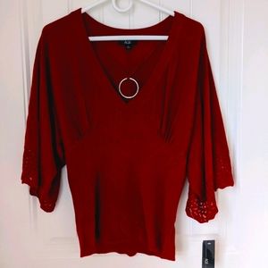 NWT AGB Wine Knit V-neck Blouse, Eyelet Detail